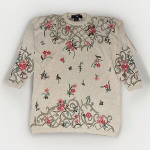 Vintage Kitty Hawk Sweater Cottage Core Embroidered Floral Pattern w Pearls Sz L